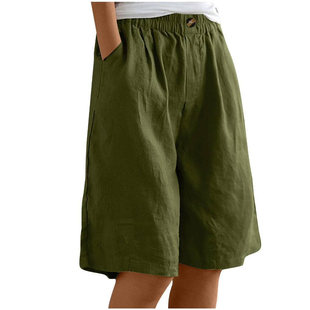 Comfortabele katoen linnen dames short, hoge taille, losse pasvorm. Ideaal voor warme zomerdagen.