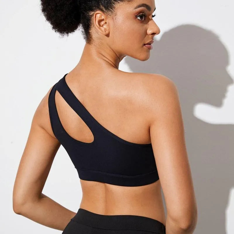 Comfortabele dames activewear yoga bh met one-shoulder design, schokbestendig voor trainingen.