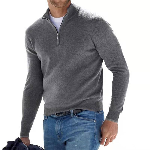 Slim-fit heren V-hals trui met rits, merinowol, accentueert stijl en zorgt voor warmte.