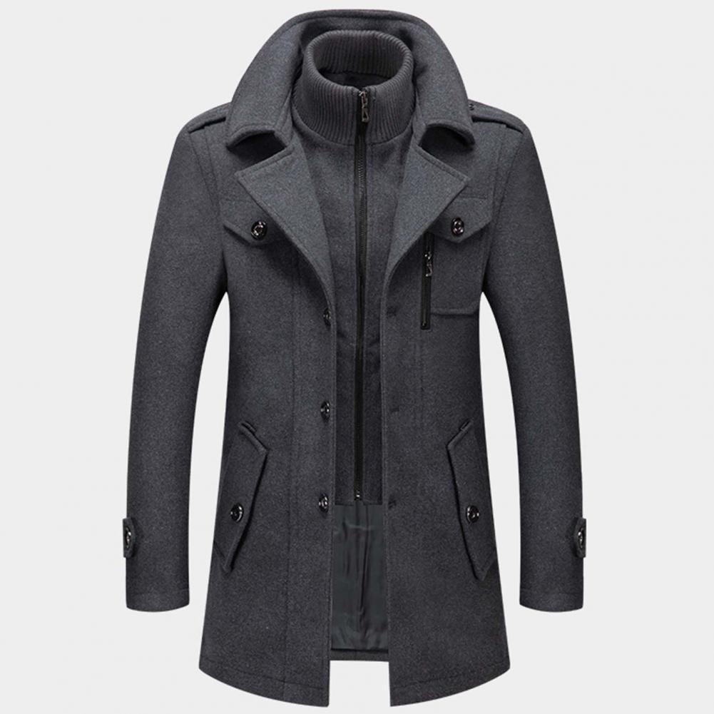Stijlvolle grijze heren winterjas. Lange, warme jas voor koud weer, ideaal voor casual of zakelijke herenmode.
