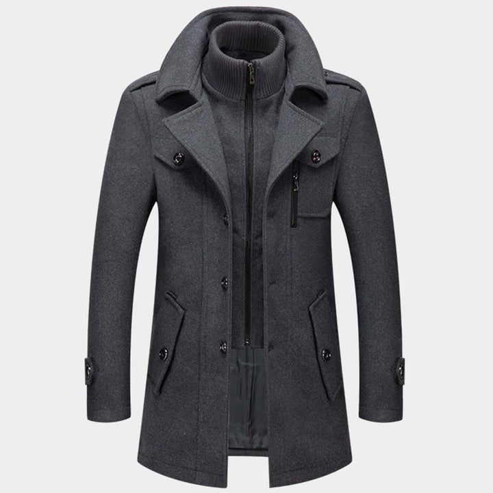 Stijlvolle grijze heren winterjas. Lange, warme jas voor koud weer, ideaal voor casual of zakelijke herenmode.