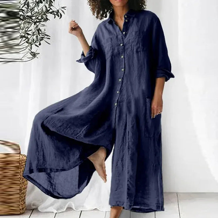 Comfortabele dames maxi overhemdjurk met knoopsluiting en lange mouwen. Stijlvolle casual jurk voor alle seizoenen.