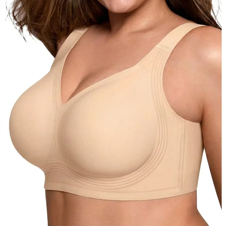 Huidskleurige dames beugelloze push-up BH, onzichtbaar onder kleding, met volledige bedekking en steun.