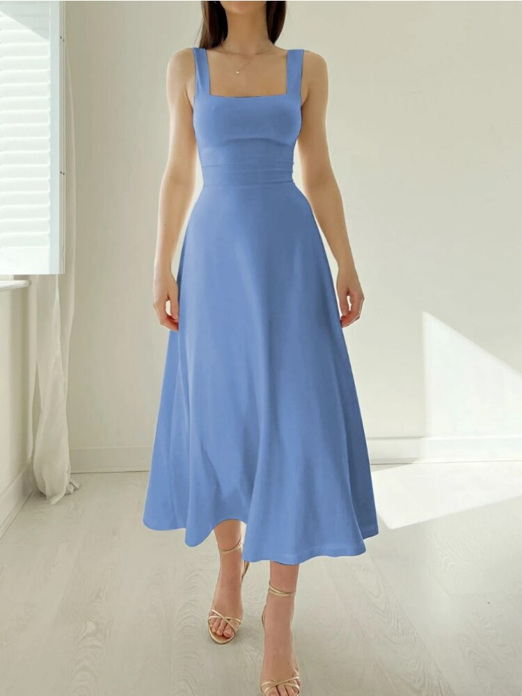 Comfortabele en elegante dames midi jurk, mouwloos met vierkante halslijn, geschikt voor elke gelegenheid.