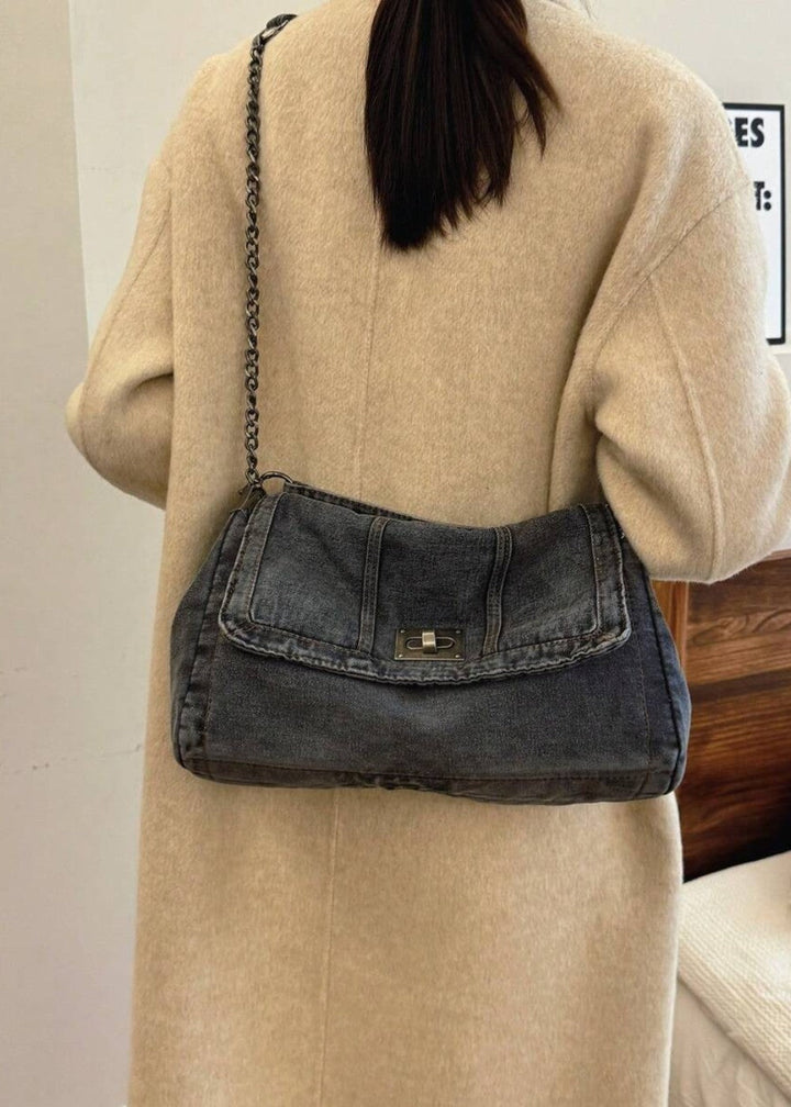 Marineblauwe casual denim tas, urban stijl dames handtas met elegante ketting.