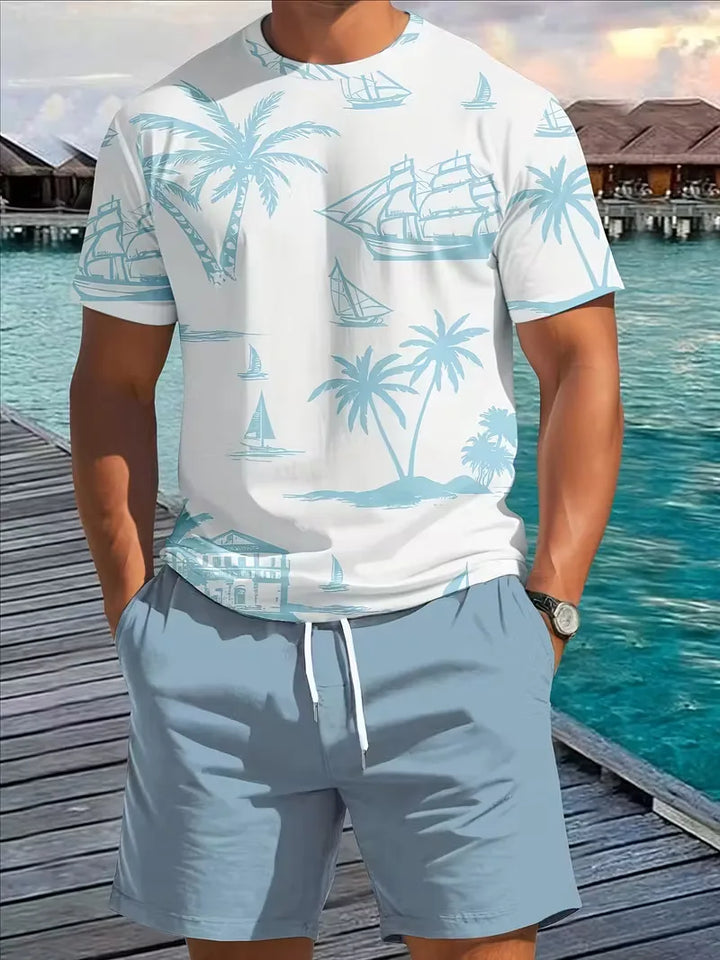 Heren zomer kledingset met trendy 3D print T-shirt en shorts voor comfortabele strand- of vakantiedagen.