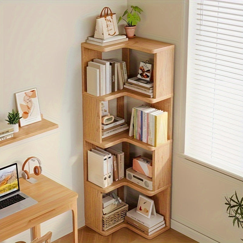 Stijlvolle massief houten hoekkast in natuurlijke tint, een functionele organizer voor woon- of slaapkamer.