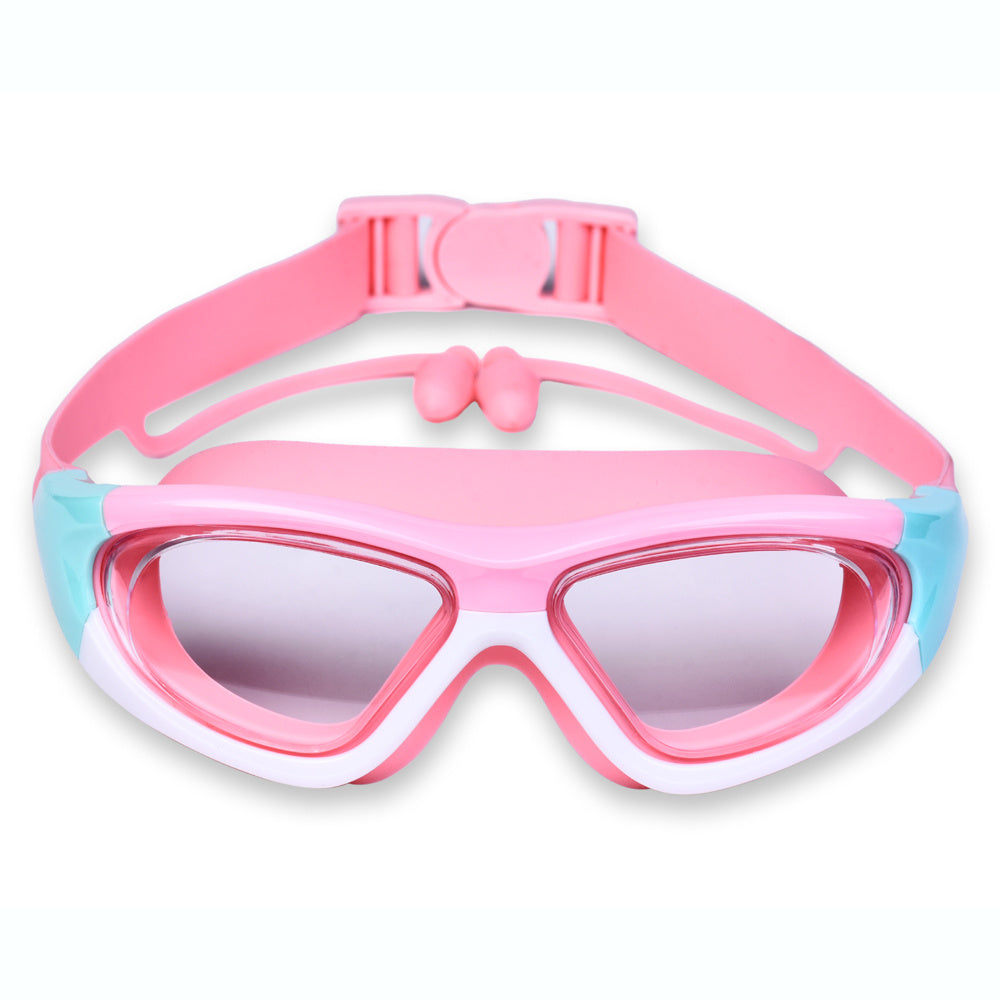 Groot frame kinderzwembril met anti-condens coating en UV-filter voor helder zicht onder water.