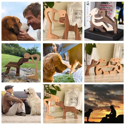 Handgemaakt houten sculptuur mens & hond, symboliseert liefdevolle band, perfect interieur decoratie.