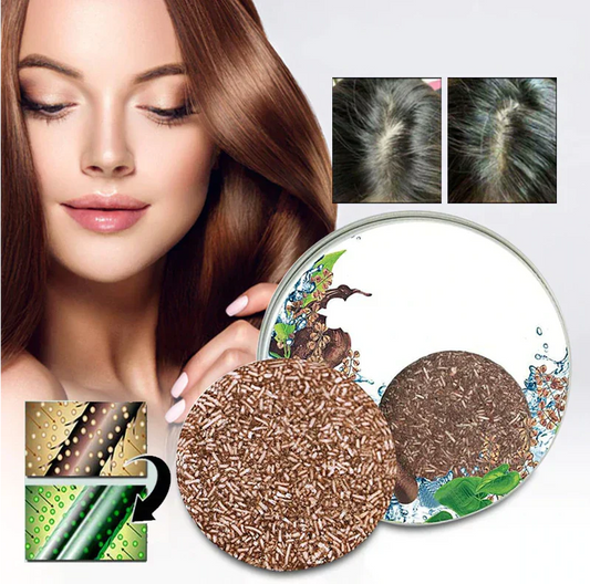 "Biologische haarverduistering shampoo; compacte bar, donkerder en voller haar, groene verpakking, natuurlijke haarverzorging