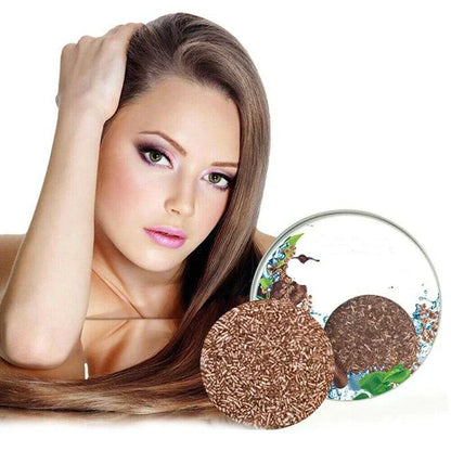 "Biologische haarverduistering shampoo; compacte bar, donkerder en voller haar, groene verpakking, natuurlijke haarverzorging