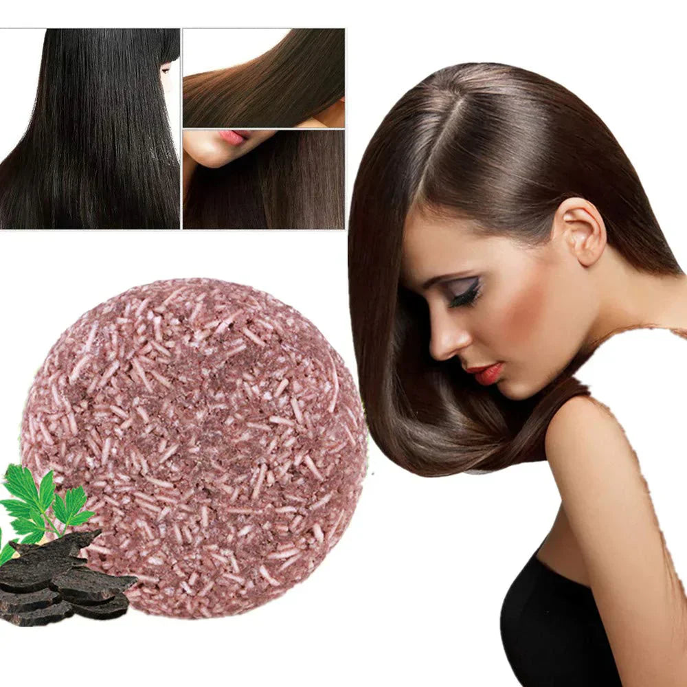 "Biologische haarverduistering shampoo; compacte bar, donkerder en voller haar, groene verpakking, natuurlijke haarverzorging