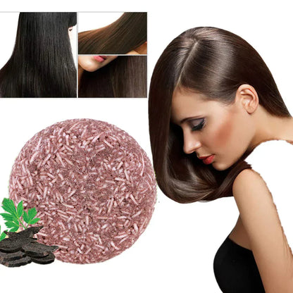 "Biologische haarverduistering shampoo; compacte bar, donkerder en voller haar, groene verpakking, natuurlijke haarverzorging