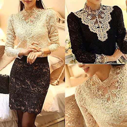 Comfortabele damesblouse met lange mouwen, elegante borduursels en kanten details. Stijlvol en veelzijdig.