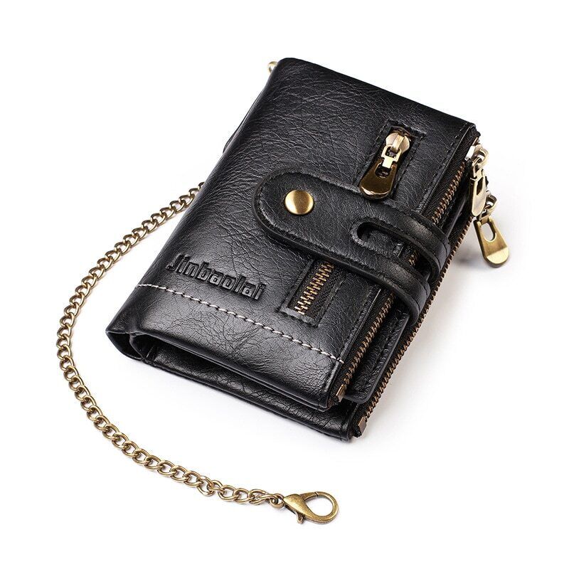 Unisex retro leren portemonnee met stoere ketting, ideaal voor heren en dames.