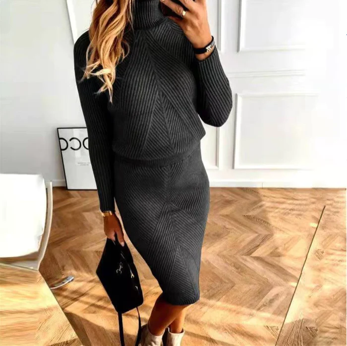 Elegante gebreide damesjurk, perfecte mix van comfort en winterse stijl.