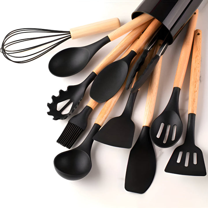 Moderne 12-delige siliconen kookgerei set met bamboe, praktisch en hittebestendig voor elke keuken, Casa keukenhulpen.