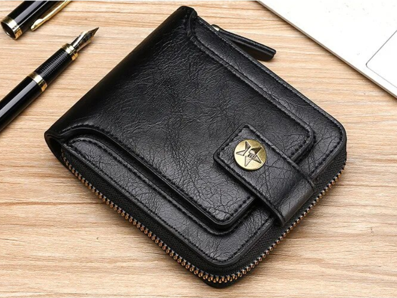 Bruine vintage leren unisex portemonnee met kaarthouder en muntenvak. Klassiek en compact.