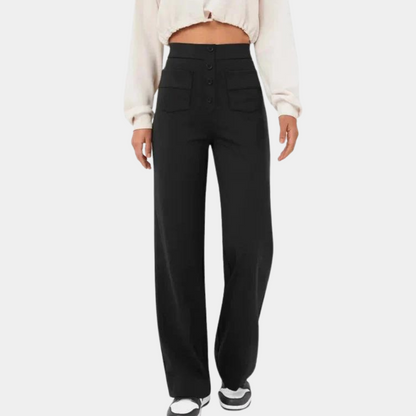 Blauwe damesbroek met hoge taille, elegante en trendy snit, ideaal voor comfort en stijl in zomeroutfits.