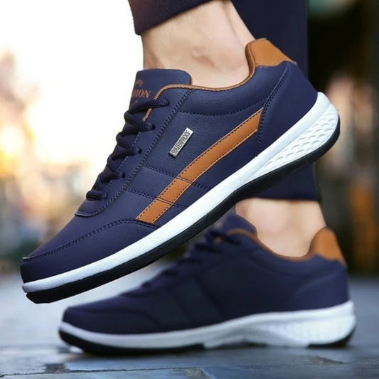 "Blauwe orthopedische leren sneakers heren, met luxe uitstraling en comfortabele binnenzool voor optimale voetboogondersteuni