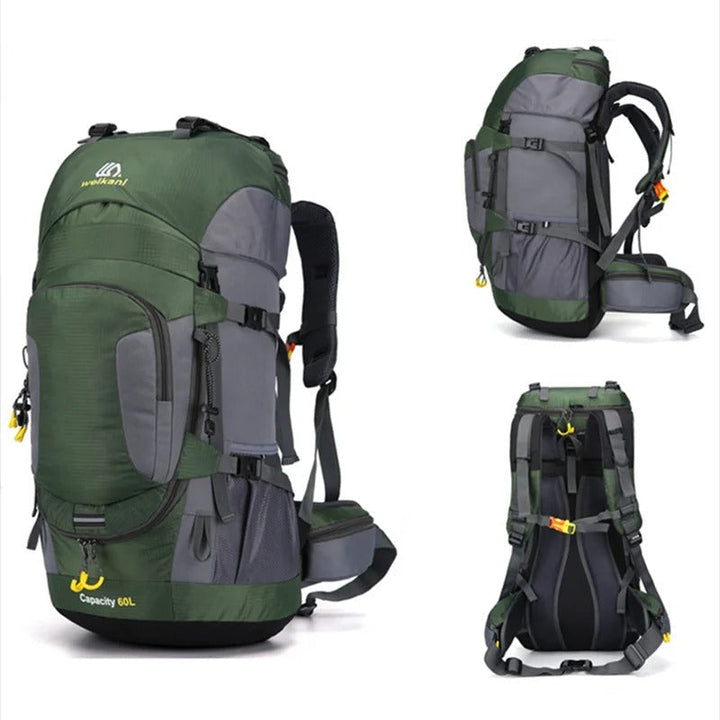 Detail van de duurzame, waterafstotende stof van de 60L outdoor rugzak, ideaal voor avontuur.