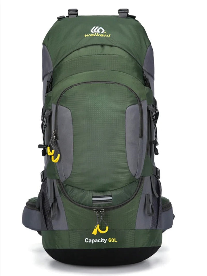 Ergonomische rugzijde van de 60L unisex rugzak, ontworpen voor comfort tijdens lange wandeltochten.