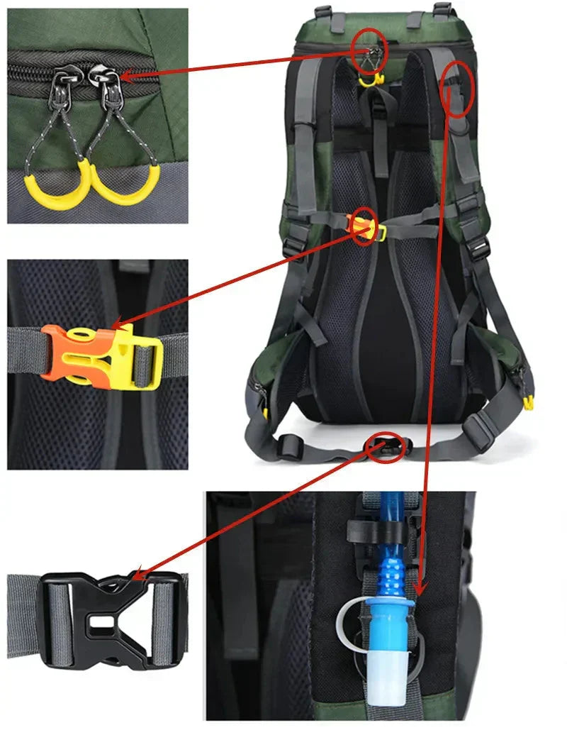 Zijaanzicht van de 60L trekking rugzak, met compressiebanden voor compact pakken. Unisex model.