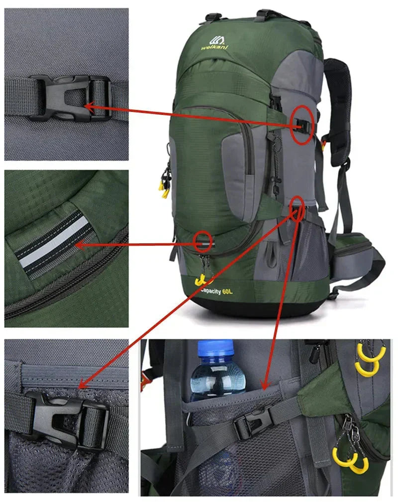 Stevige, duurzame 60L outdoor rugzak gemaakt voor zware omstandigheden en lange, avontuurlijke reizen.