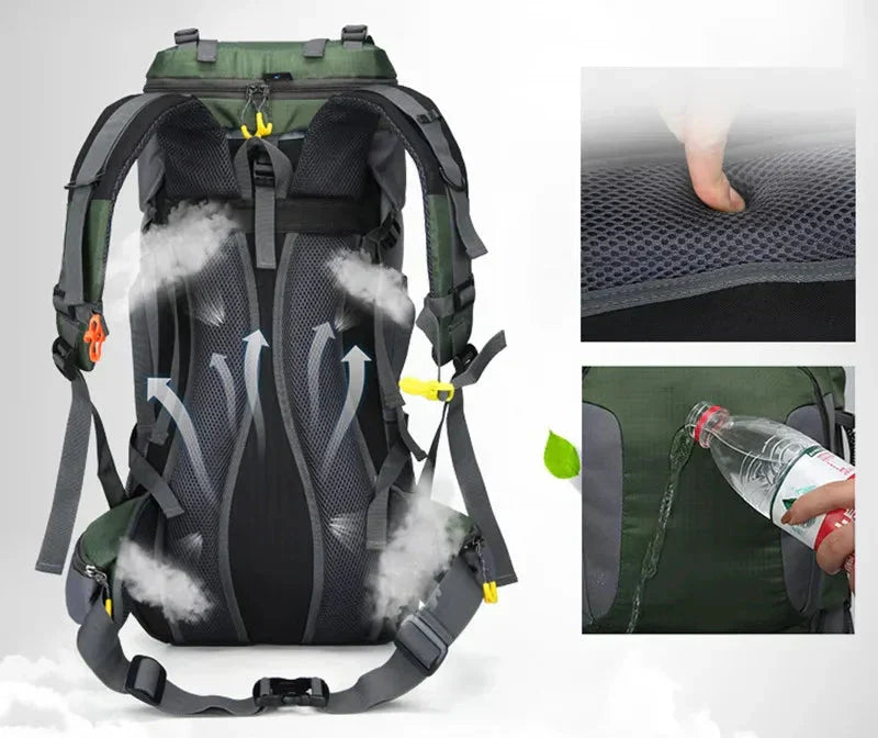 Veelzijdige 60L unisex reisrugzak, waterdicht en duurzaam, ideaal voor backpacken en avontuurlijke trips.