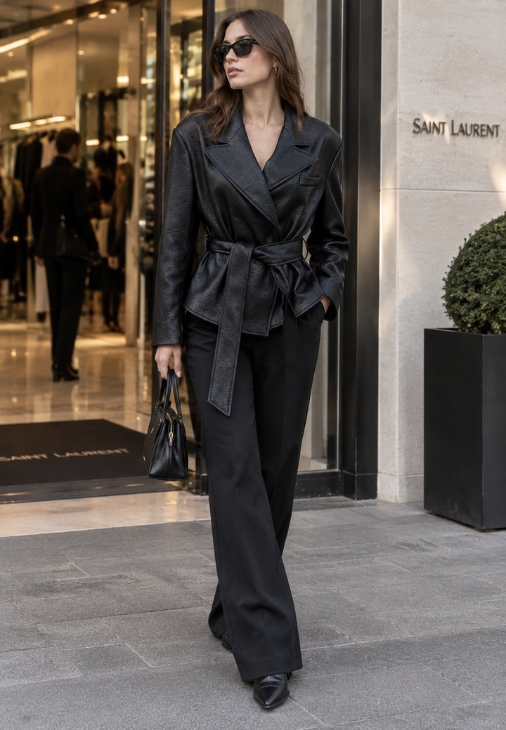 Comfortabele damesblazer met strikriem, creëert een slank silhouet. Must-have jasje voor je garderobe.