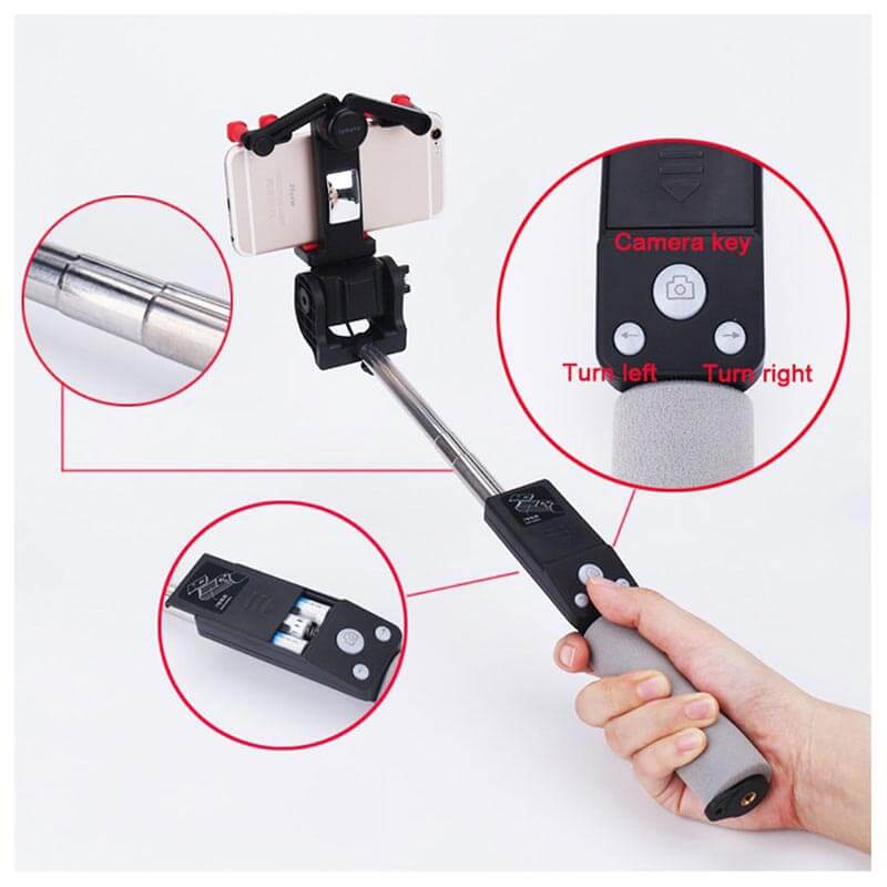 Compacte Bluetooth selfie stick met statieffunctie, 360° rotatie voor stabiele smartphone opnames.