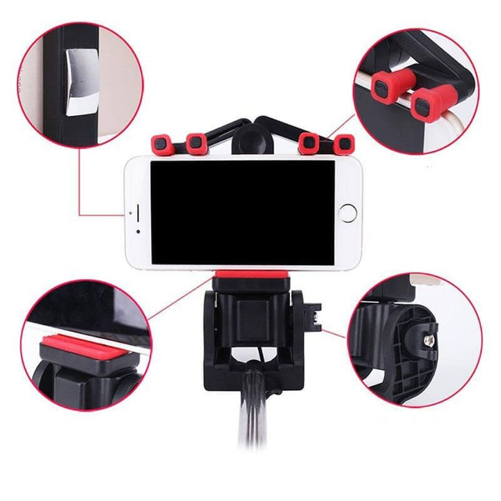 Gele Bluetooth selfie stick met afstandsbediening, 360° rotatie voor dynamische smartphone foto's.