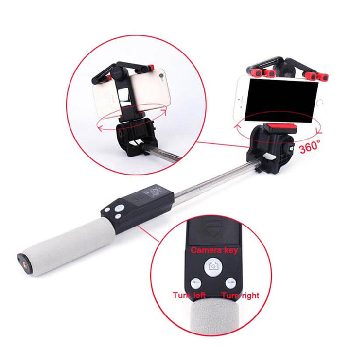 Roze Bluetooth selfie stick SpinShot, 360° draaibaar, perfect smartphone accessoire voor selfies.