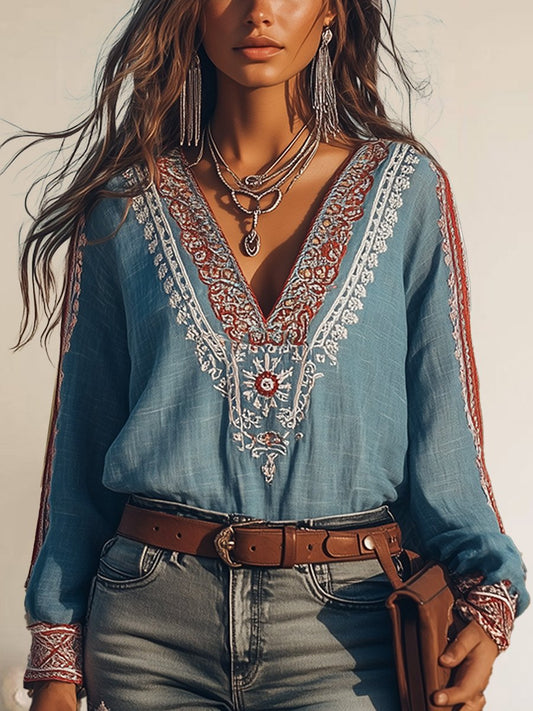 "Bohemian blouse met geborduurde details, V-hals, katoen-linnen stof, elegante zomerlook voor dames"