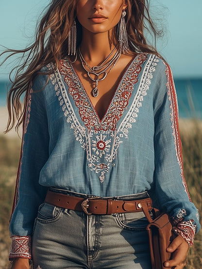 "Bohemian blouse met geborduurde details, V-hals, katoen-linnen stof, elegante zomerlook voor dames"
