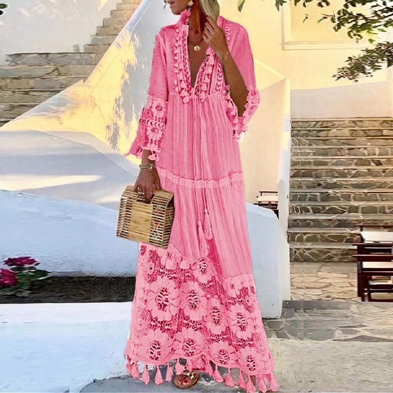 "Bohemian kanten maxi-jurk, luchtig wit kant, lange jurk, zomermode, verfijnde elegante stijl, ademend en veelzijdig"