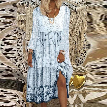 "Boho damesjurk O-hals bloemenmotief viscose materiaal H-lijn pasvorm, maat S-3XL, stijlvolle bohemian jurk"
