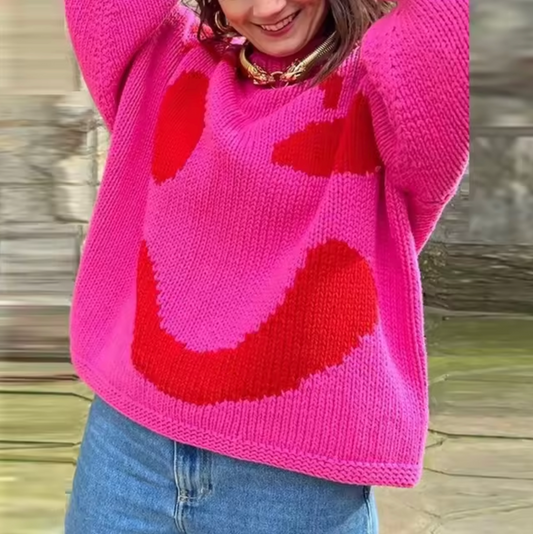 "Boho oversized trui met smile graphic, zachte katoenen stof, casual en trendy voor herfst en winter."