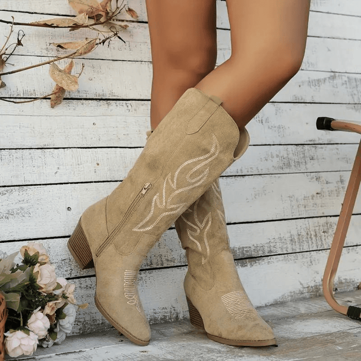 Stijlvolle Ruby dames cowboylaarzen (kaki/bruin) met zijrits; western mode die comfort en trend combineert.