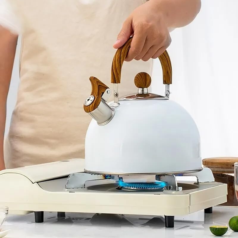 Glanzende roestvrijstalen fluitketel met klassiek fluitgeluid, ideaal voor inductie koken.