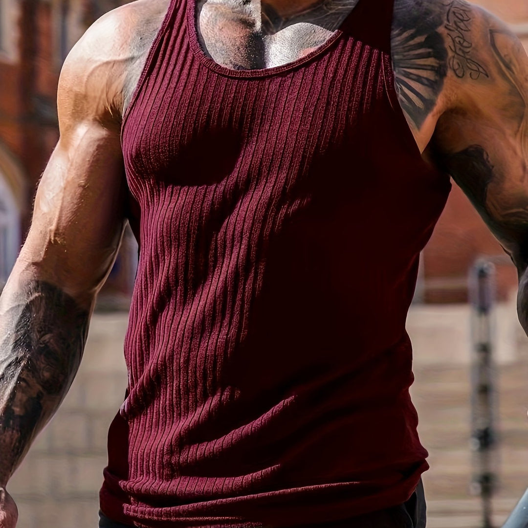 Heren gebreide tanktop met comfortabel streep patroon, ronde hals, voor lente en zomer.