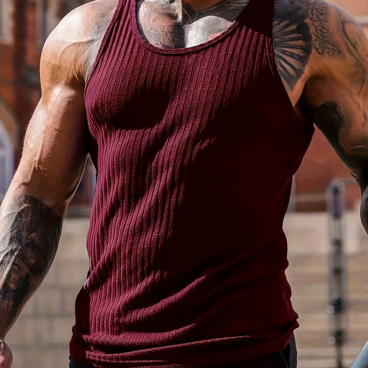 Heren gebreide tanktop met comfortabel streep patroon, ronde hals, voor lente en zomer.