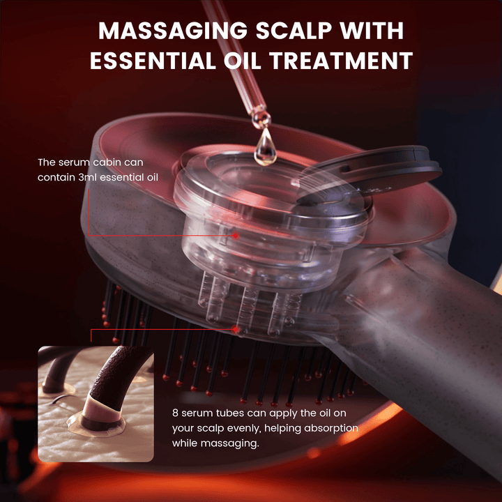 Rood licht therapie van de hoofdhuidborstel stimuleert de haargroei en vermindert haaruitval efficiënt.