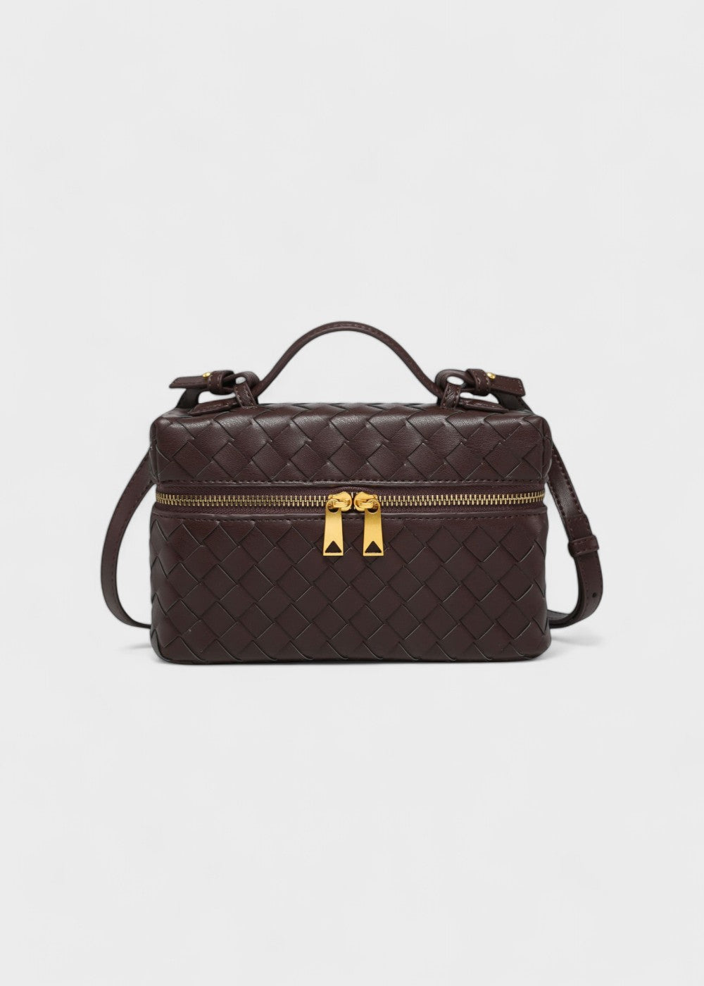 Gouden details en gevlochten patroon van deze stijve dames schoudertas, een luxe en modieuze keuze.