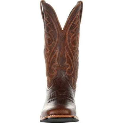 "Bruine leren cowboylaarzen heren, westernstijl, mid-kuit, vierkante teen, totempatroon, duurzame PU constructie."