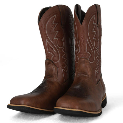 "Bruine leren cowboylaarzen heren, westernstijl, mid-kuit, vierkante teen, totempatroon, duurzame PU constructie."
