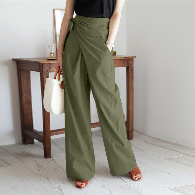 Comfortabele wikkelbroek voor dames met hoge taille en zwierige wijde pijpen, perfect voor lente en zomer.