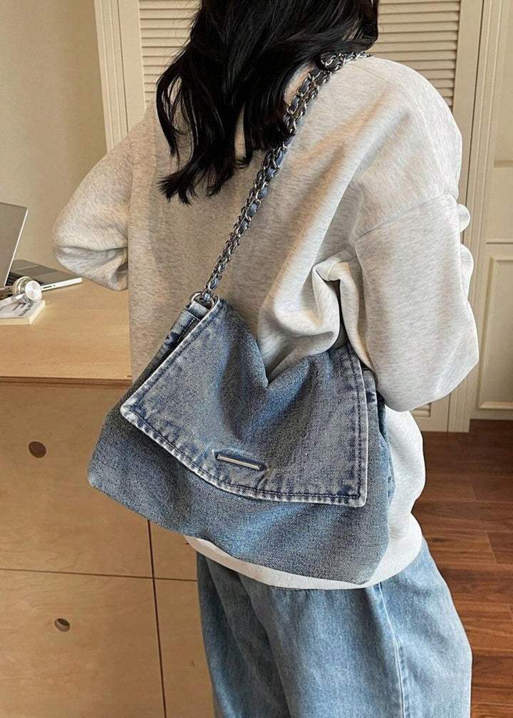 Casual vintage blauwe denim handtas, dames schoudertas met metalen ketting.