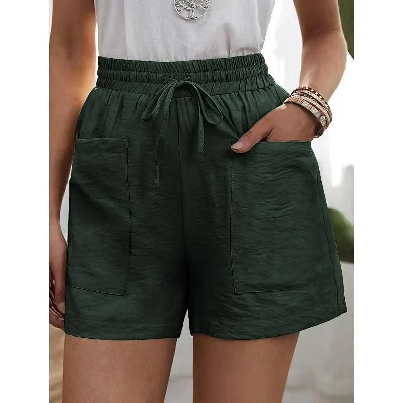 Dames korte broek met hoge taille en elastische band. Comfortabel, veelzijdig en perfect als zomerkleding.