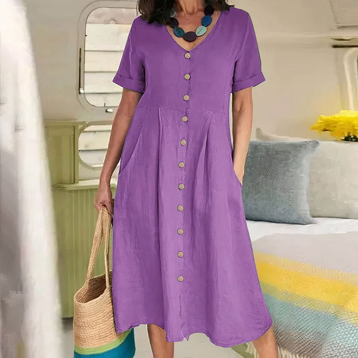 Damesjurk Noor: casual katoen-linnen zomerjurk, ademend en comfortabel voor een zorgeloze zomer.